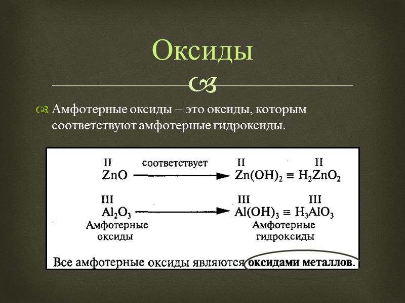 Амфотерные оксиды – это оксиды, которым соответствуют амфотерные гидроксиды. Оксиды
